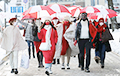 Girls With White-Red-White Umbrellas Marching In Minsk
