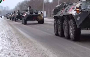Military Vehicles With Combat Ready Signs Are Framed In Belarus