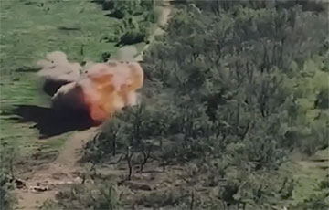 Russian Armored Vehicle Runs Into Mine At Full Speed