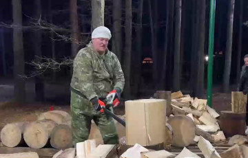 Папоўнеўшы Лукашэнка ў дзіўнай шапцы рубіў дровы